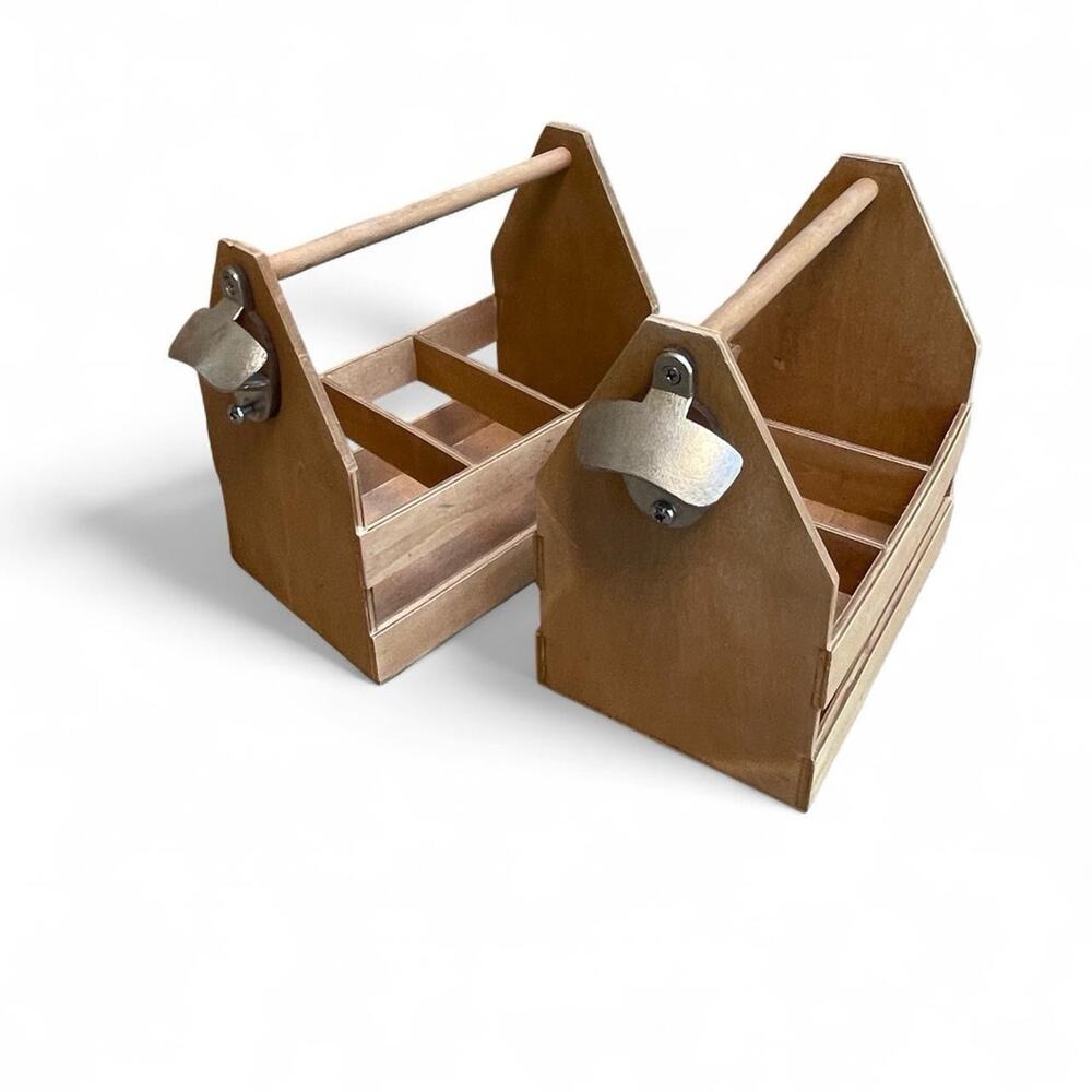 2 Rustic Wooden Beer Bottle Carriers 6-Pack Caddy w/ Built-In Openers New